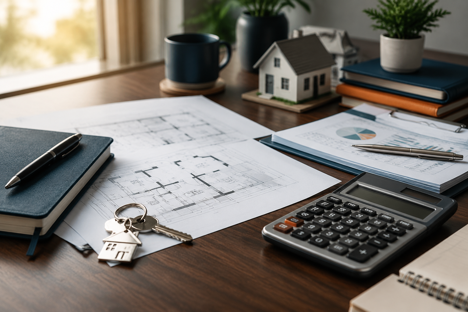 Home plans, keys, and mortgage planning materials